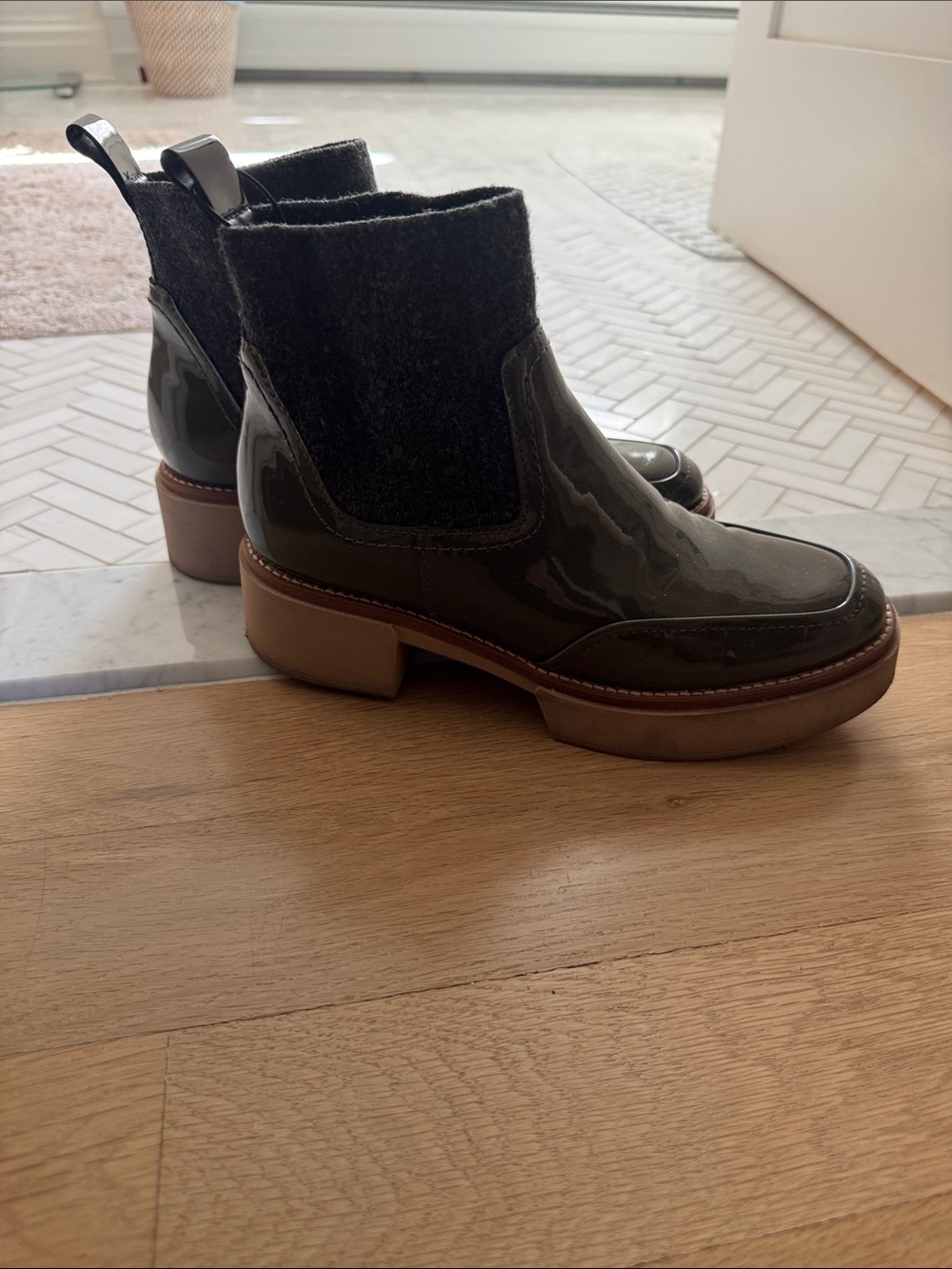 Dolce Vita Olive Patent Chelsea Boots with Gray Felt Collar and Tan Lug Sole